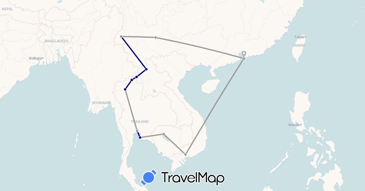 TravelMap itinerary: driving, plane in China, Hong Kong, Cambodia, Laos, Thailand, Vietnam (Asia)